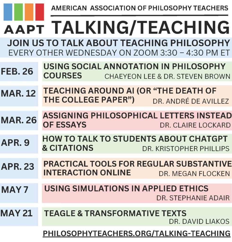 A flyer listing Talking/Teaching dates, topics, and presenters